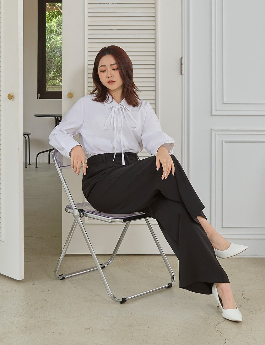 MISS. Korean Oxford Longline Plus Size Shirt (with Waist Tie)