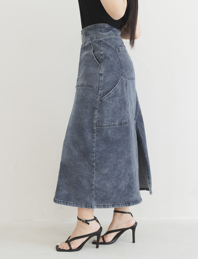 MUA! Ultra-Stretch Back Slit High-Waist Washed Denim Plus Size Maxi Skirt