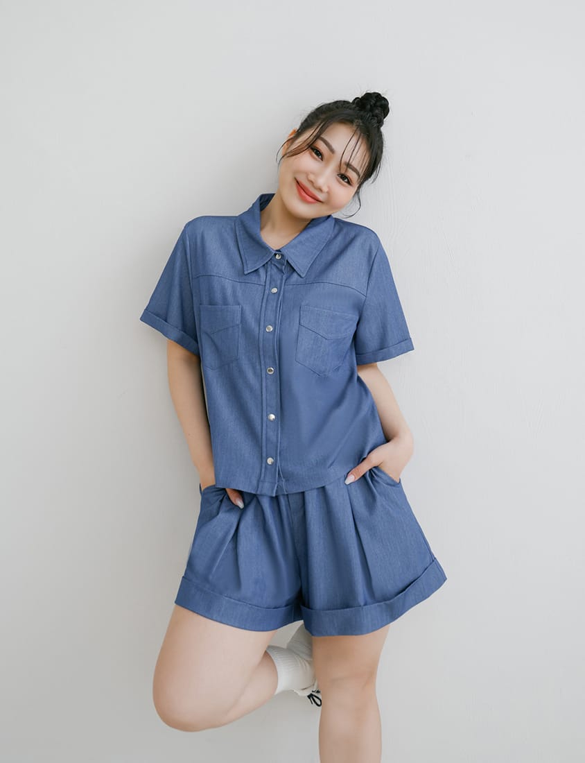 Korean-Style Faux Denim Cuffed Plus Size Short Sleeve Shirt
