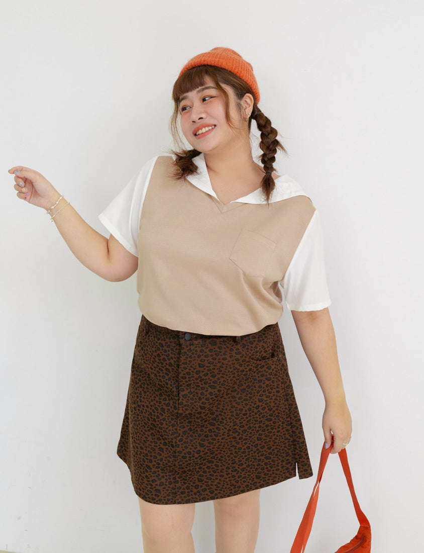 Space Cotton Sailor Collar Faux Two-Piece Plus Size Top