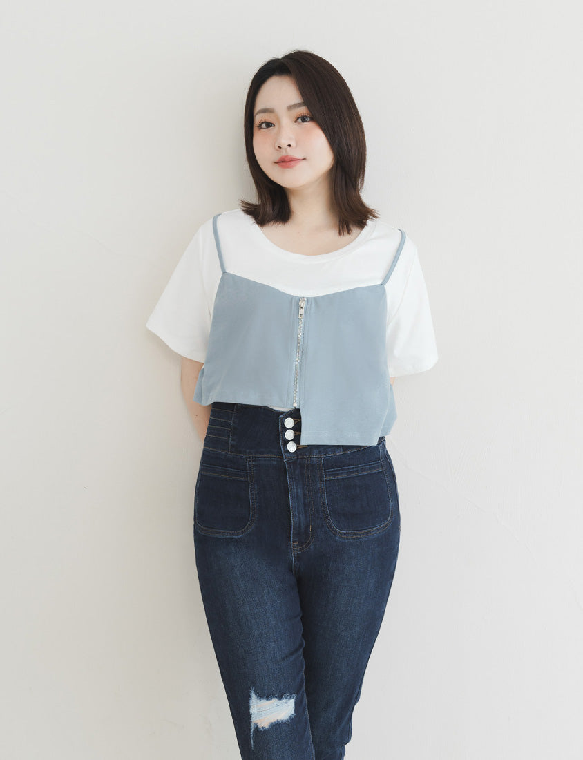 Asymmetric Front Zip Plus Size Layered Tee