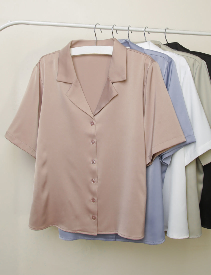 MISS. Glossy Satin Cuban Collar Plus Size Shirt With Floral Buttons