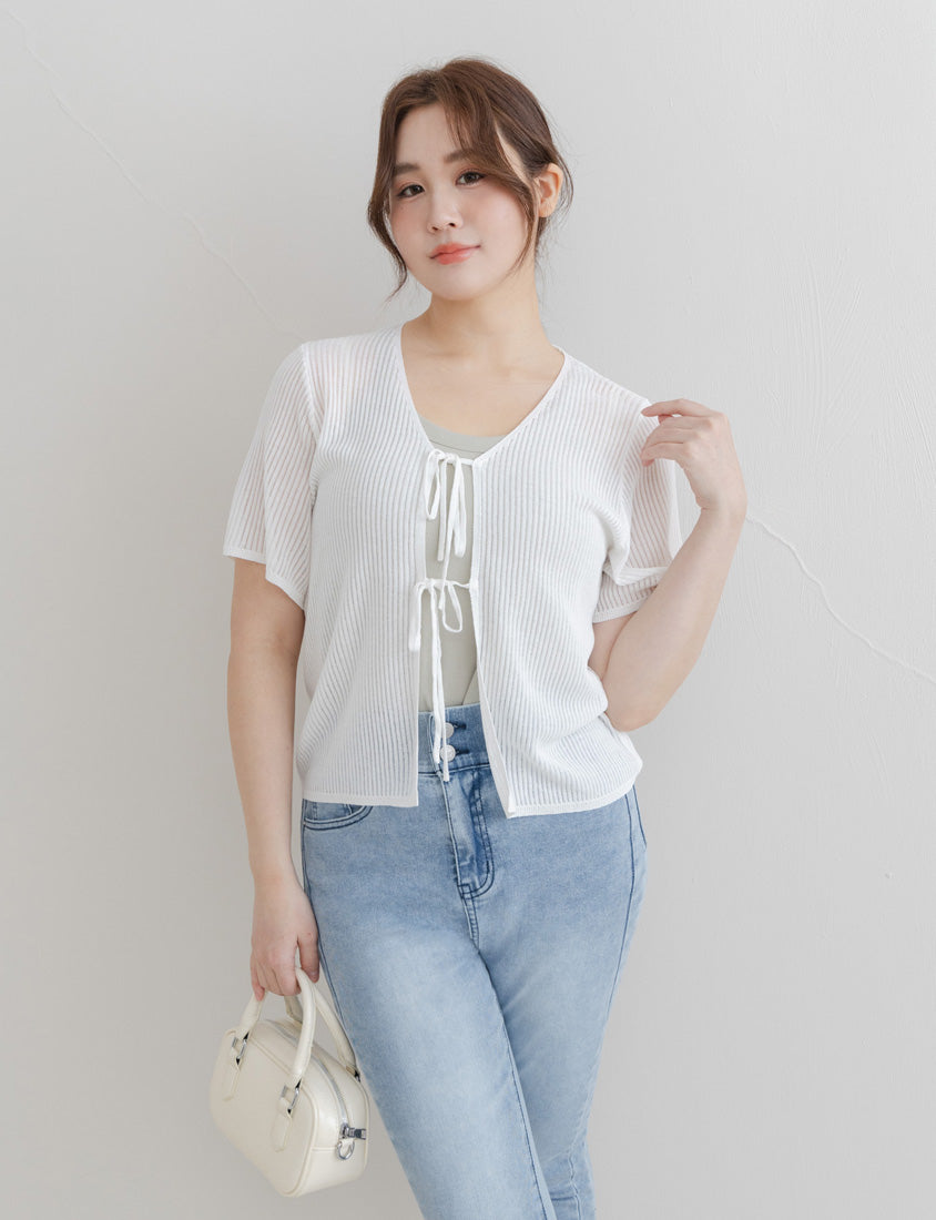 Front Tie Sheer Hollow Plus Size Knit Cardigan