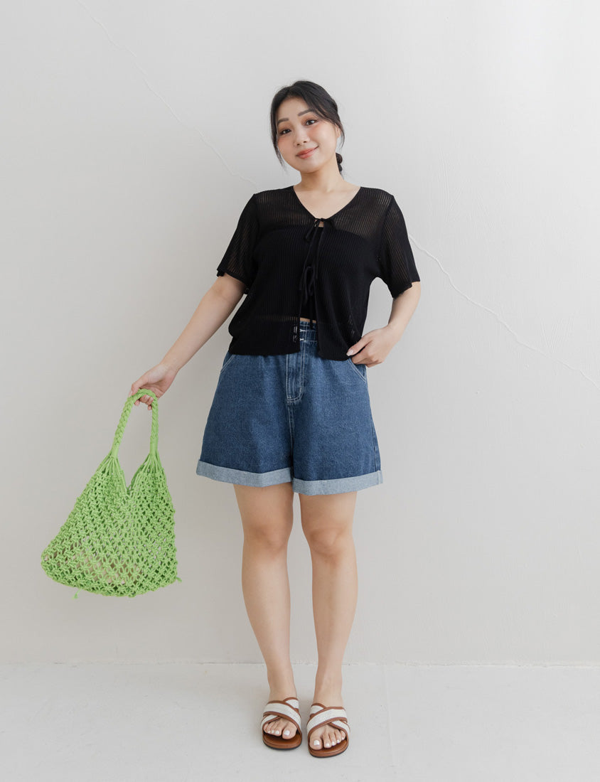 Front Tie Sheer Hollow Plus Size Knit Cardigan