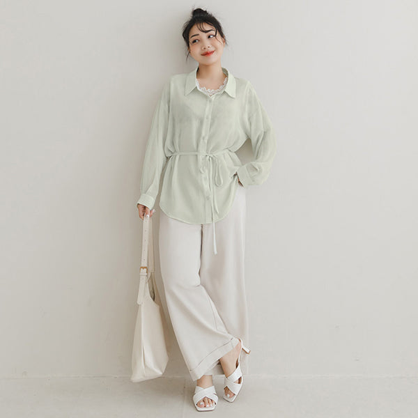 Flowy Crinkled Sheer Plus Size Blouse (With Tie)