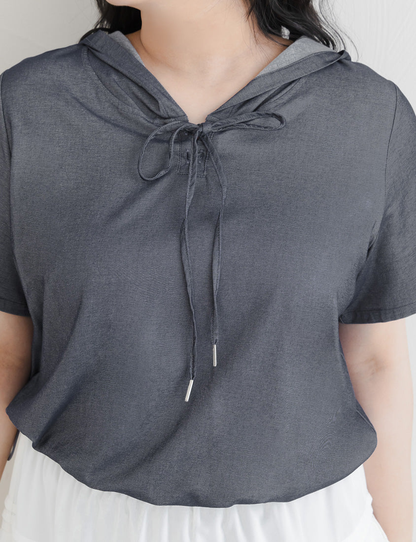 Faux Denim Hoodie Tie-Front Plus Size Short Sleeve Top