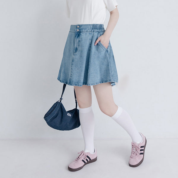Silky Cool Flare Plus Size Denim Skirt (With Inner Shorts)