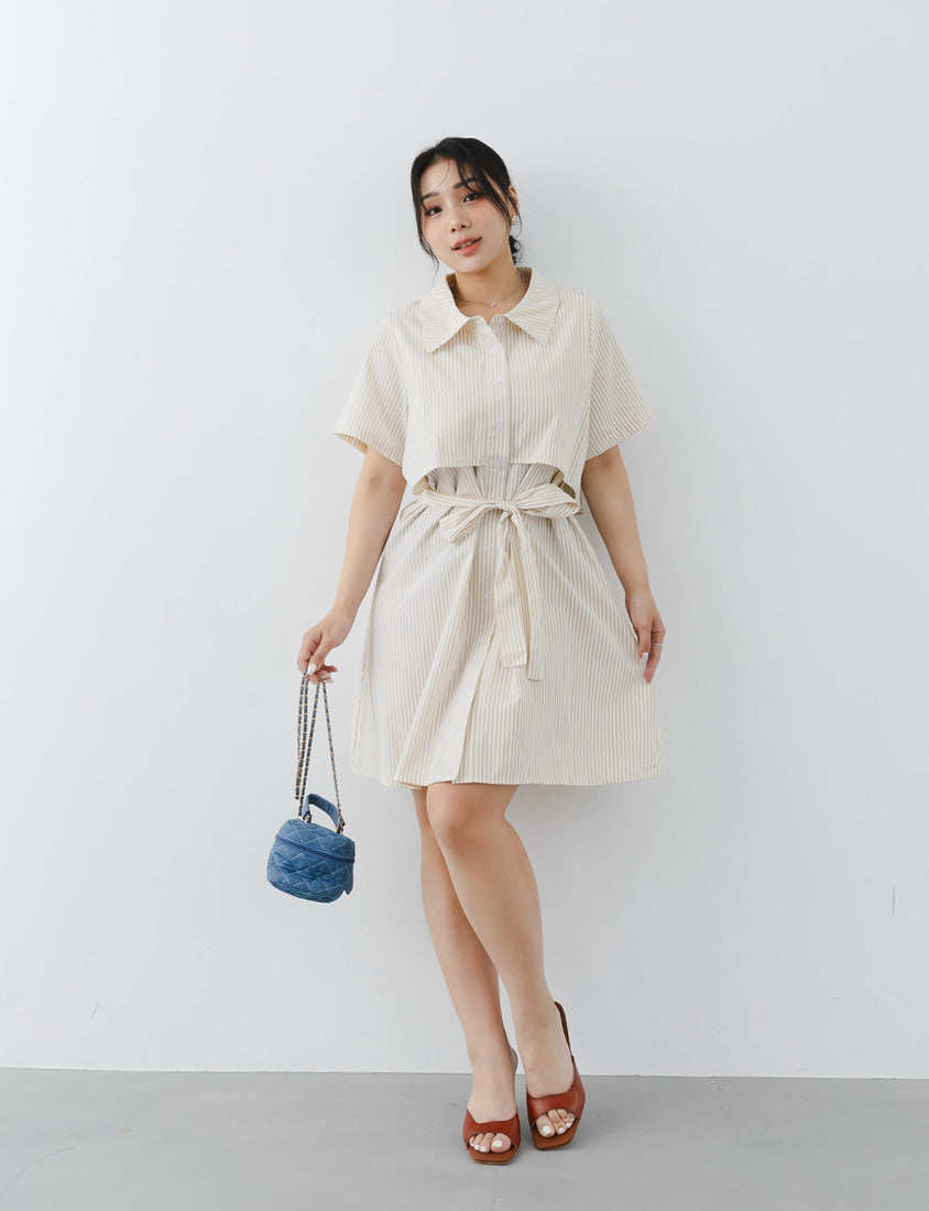 MISS. Japanese Style Striped Layered Plus Size Shirt Dress (with Belt)