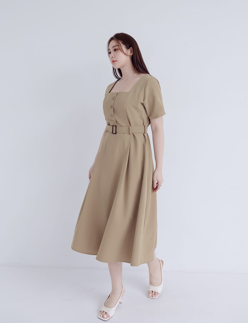 MISS. Square Neck Faux Button Elegant Plus Size Long Dress (With Belt)