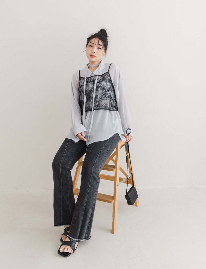 Flowy Crinkled Sheer Plus Size Blouse (With Tie)