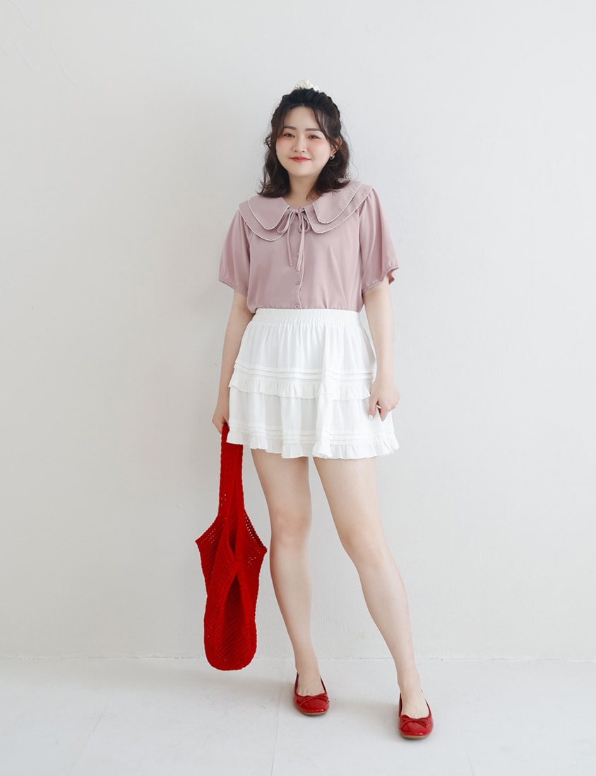 Double Layer Collar Tie Puff Sleeve Plus Size Blouse