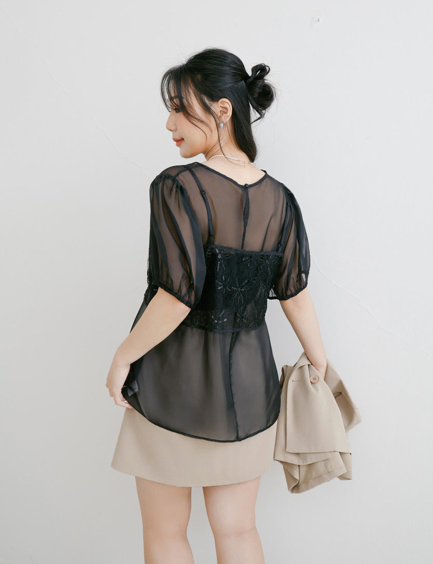 MISS. Sheer Textured Round Neck Puff-Sleeve Plus Size Blouse