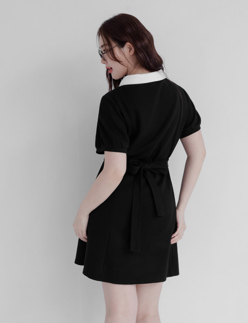 Color-Block Polo Collar Plus Size Mini Dress (With Belt)