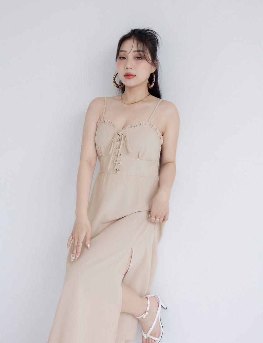 MUA! Ruffle Corset Front Slit Plus Size Maxi Dress