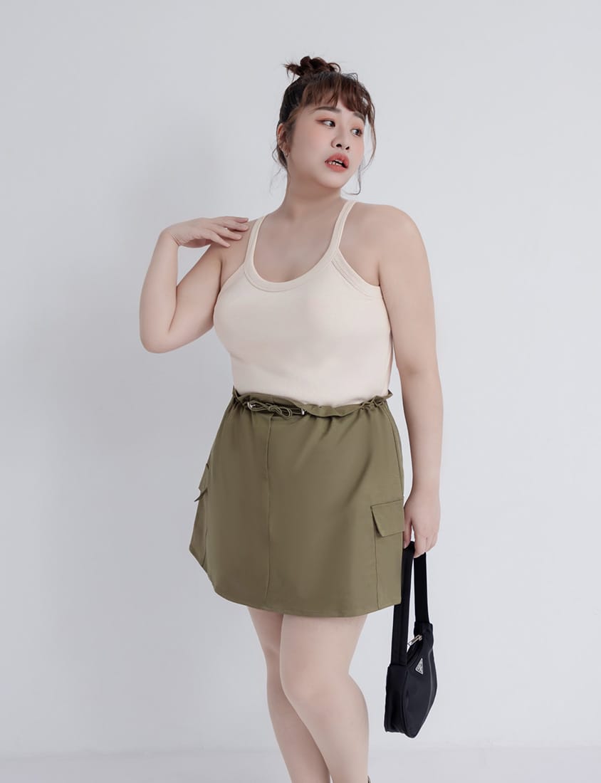 Sweet & Edgy Drawstring Cargo Plus Size Mini Skirt (With Inner Shorts)