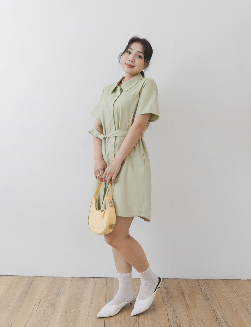 MISS. Korean-Style Button-Front Contrast Stitch Plus Size Dress (with Waist Tie)