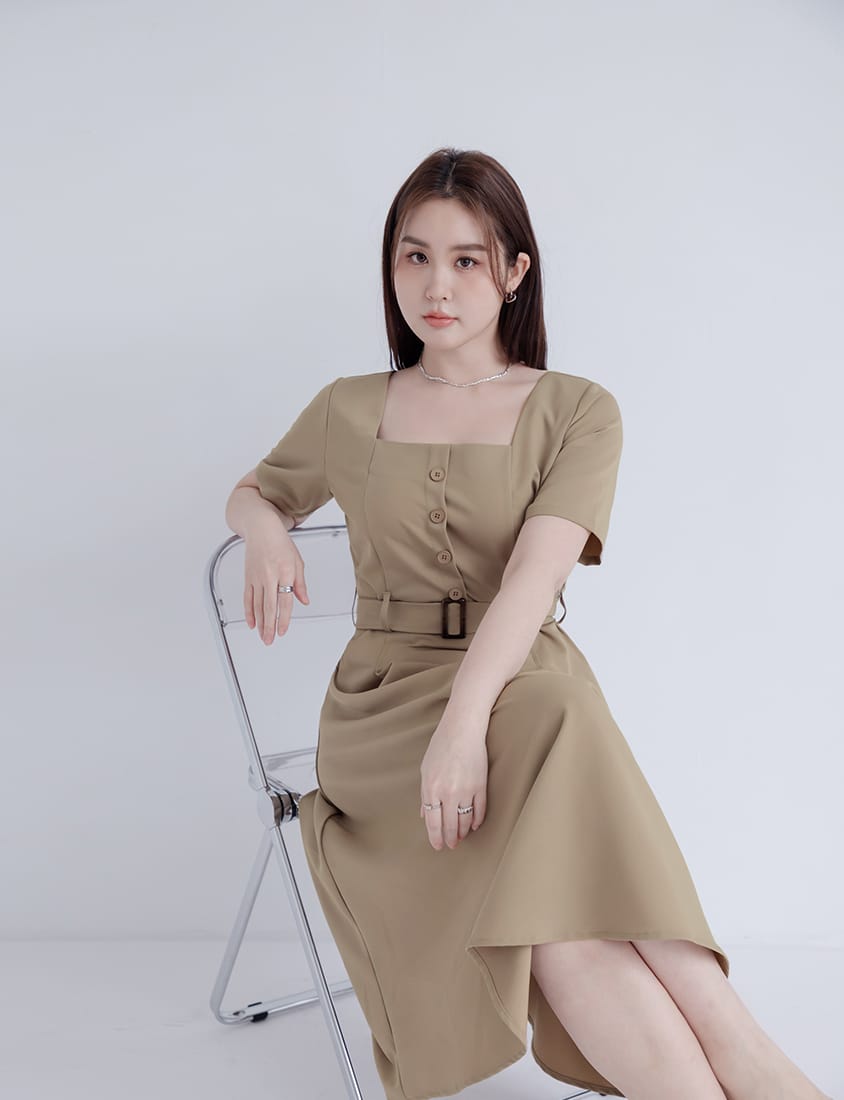 MISS. Square Neck Faux Button Elegant Plus Size Long Dress (With Belt)