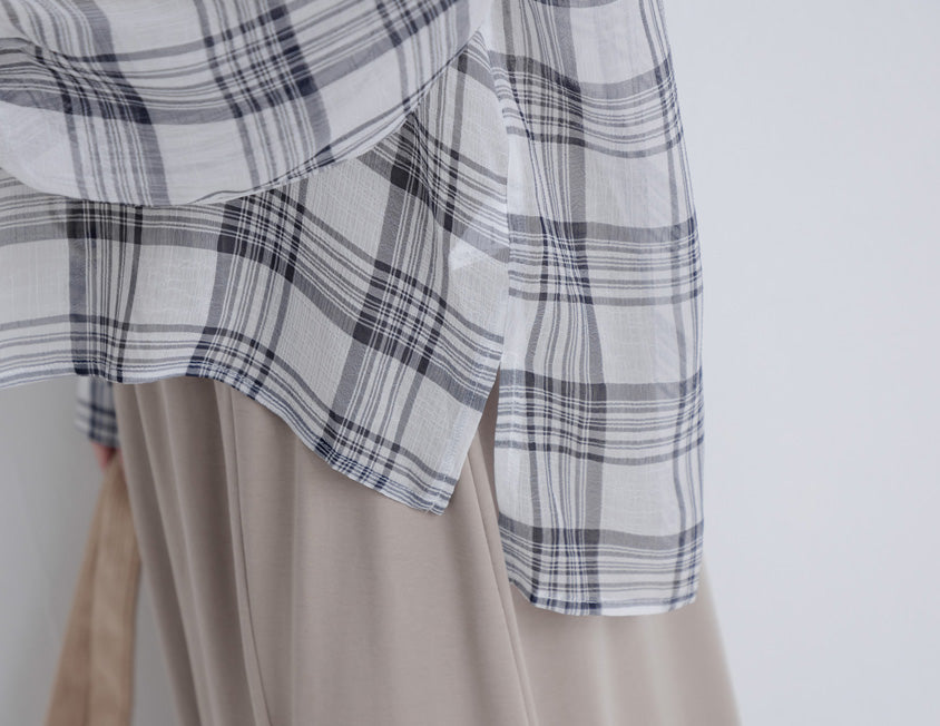 Crinkled Texture Sheer Plaid Plus Size Long Sleeve Shirt