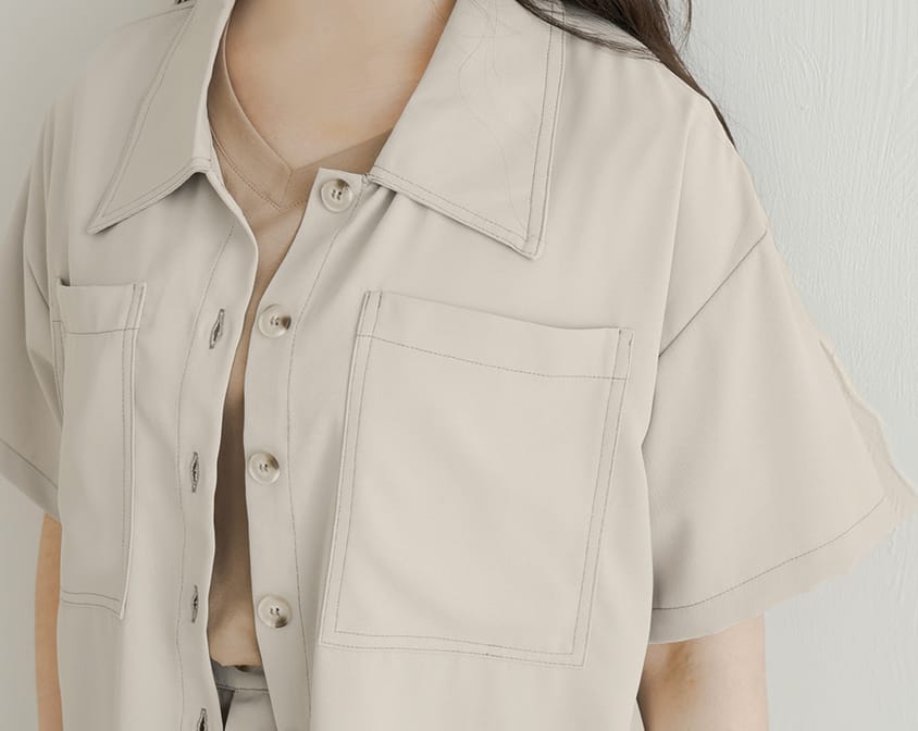 Color-Block Stitched Large Pocket Plus Size Short Sleeve Shirt