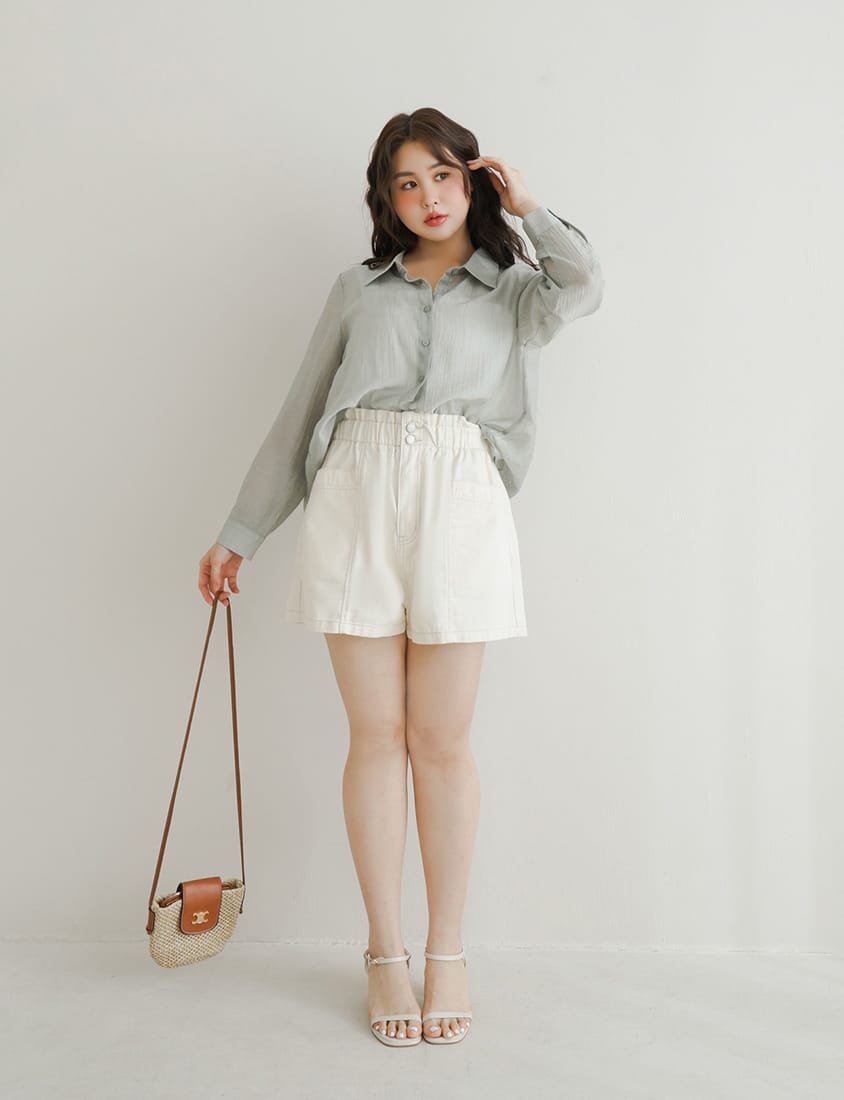 Crinkled Texture Sheer Tie-Back Plus Size Long Sleeve Shirt