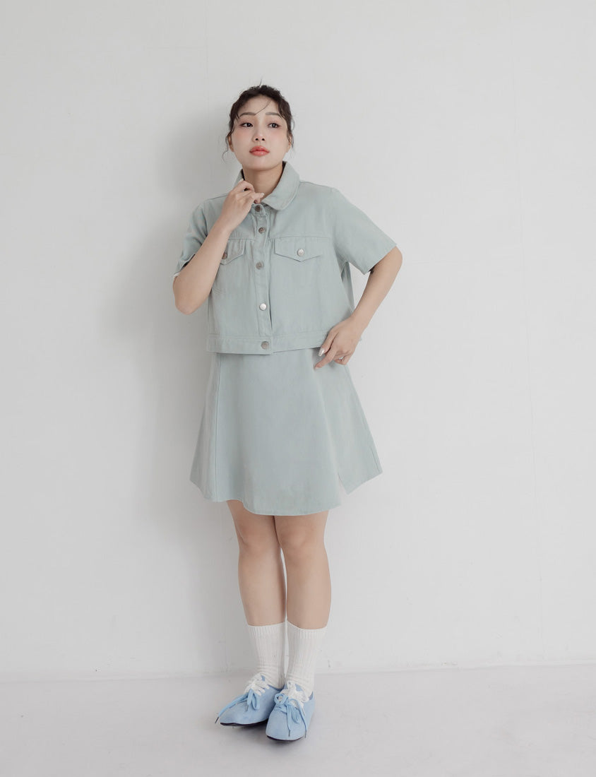 Korean Style Twill Button-Down Plus Size Short Sleeve Jacket