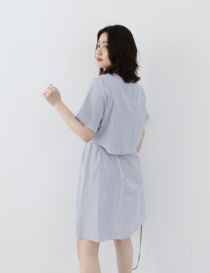 MISS. Japanese Style Striped Layered Plus Size Shirt Dress (with Belt)