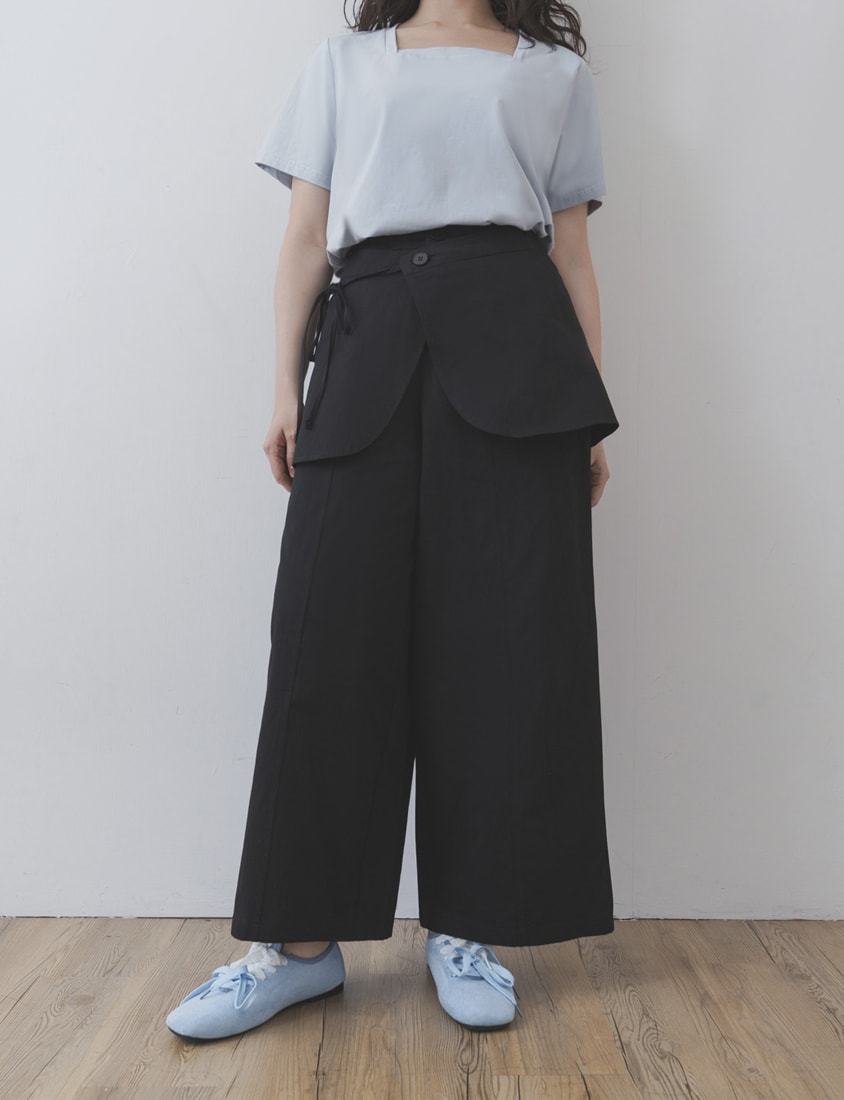Layered Twill Plus Size Wide-Leg Pants (with Skirt Panel)