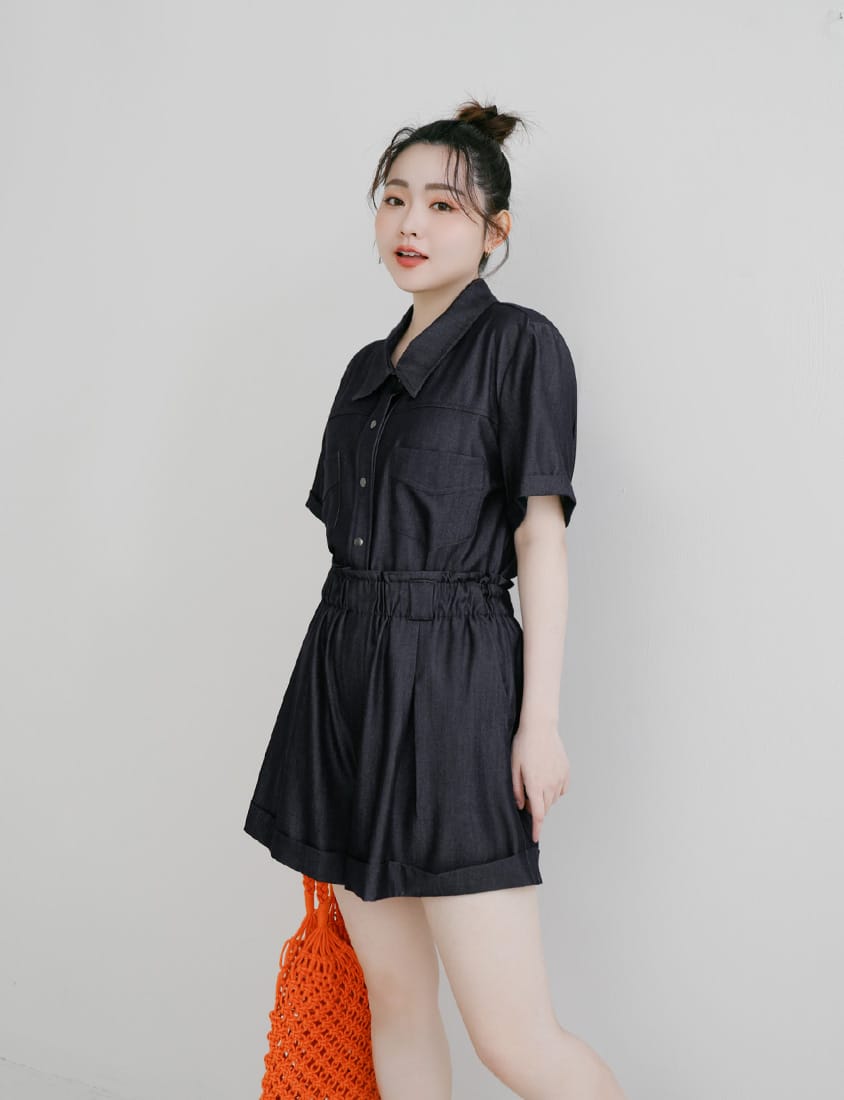 Korean-Style Faux Denim Cuffed Plus Size Short Sleeve Shirt