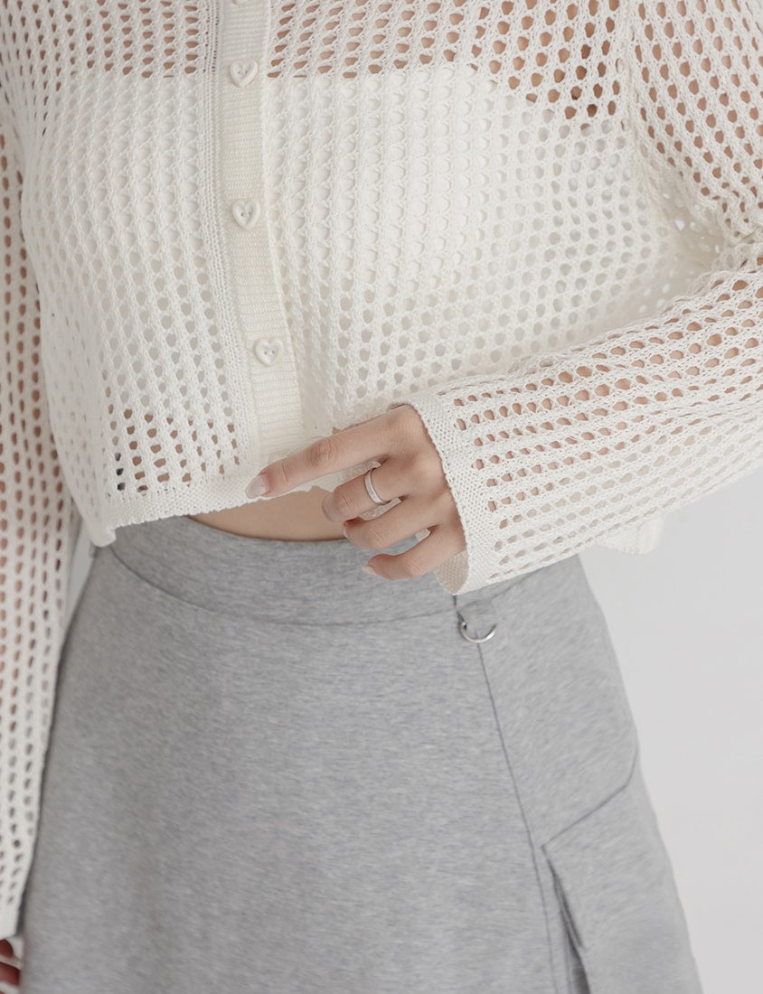 Knit Eyelet Hollow Faux Button Plus Size Top