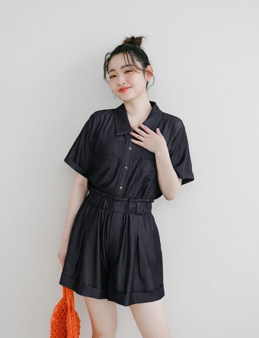 Korean-Style Faux Denim Bubble Hem Plus Size Shorts