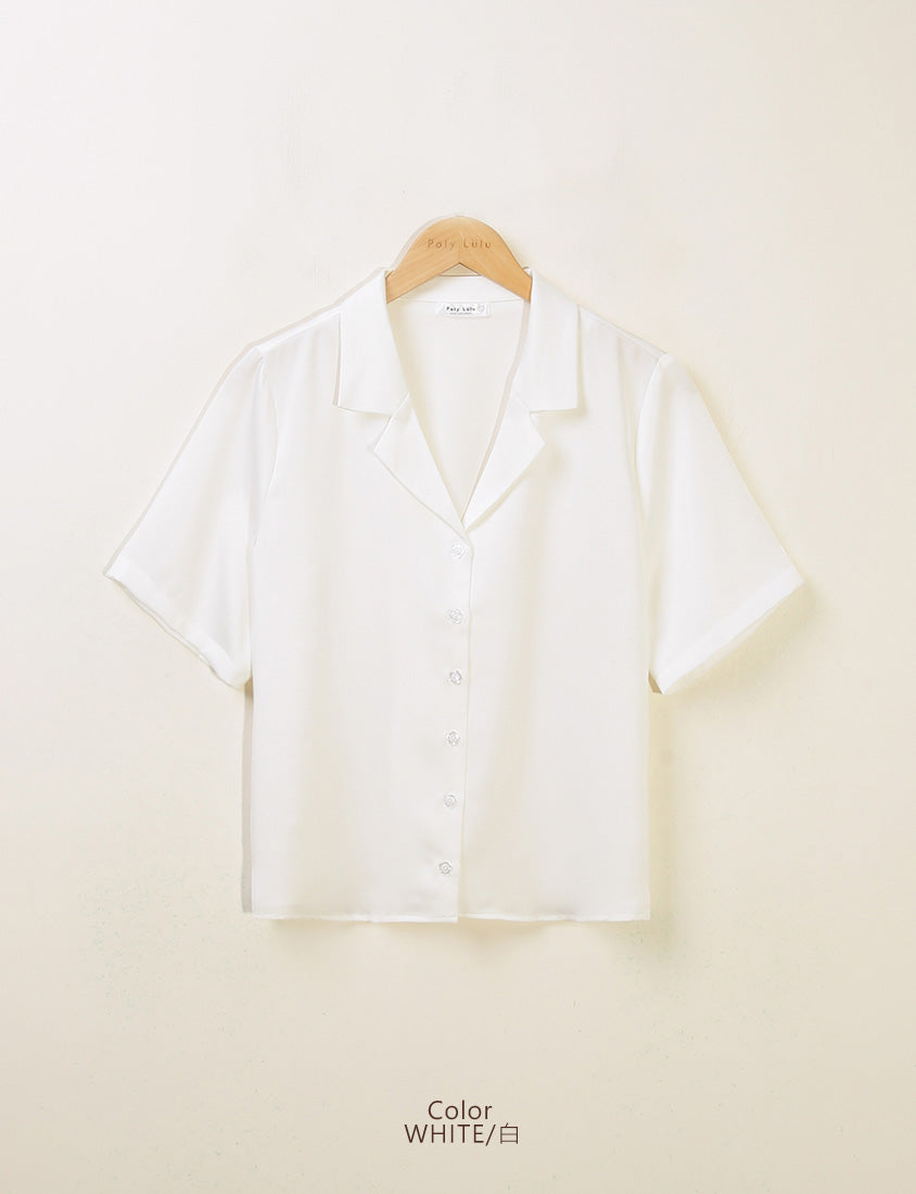 MISS. Glossy Satin Cuban Collar Plus Size Shirt With Floral Buttons