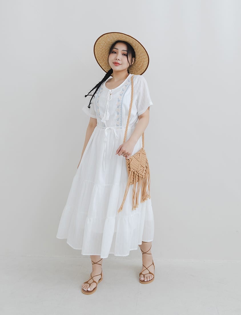 Boho Jacquard Embroidered Plus-Size Maxi Dress (with Waist Tie)