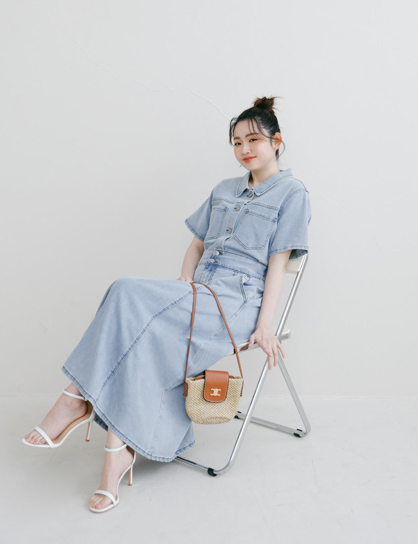 Lyocell Silky Denim Elastic Back Flare Plus Size Maxi Skirt