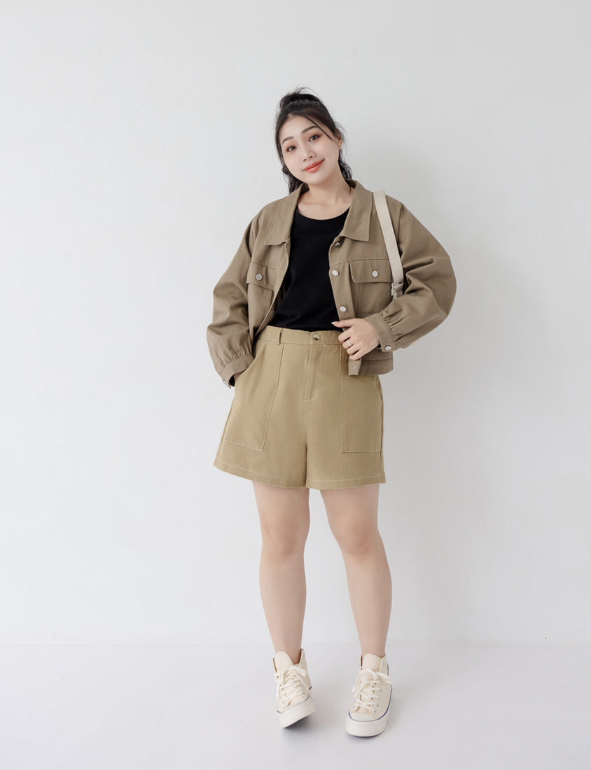 Twill Contrast Stitch High Waist Plus Size Shorts