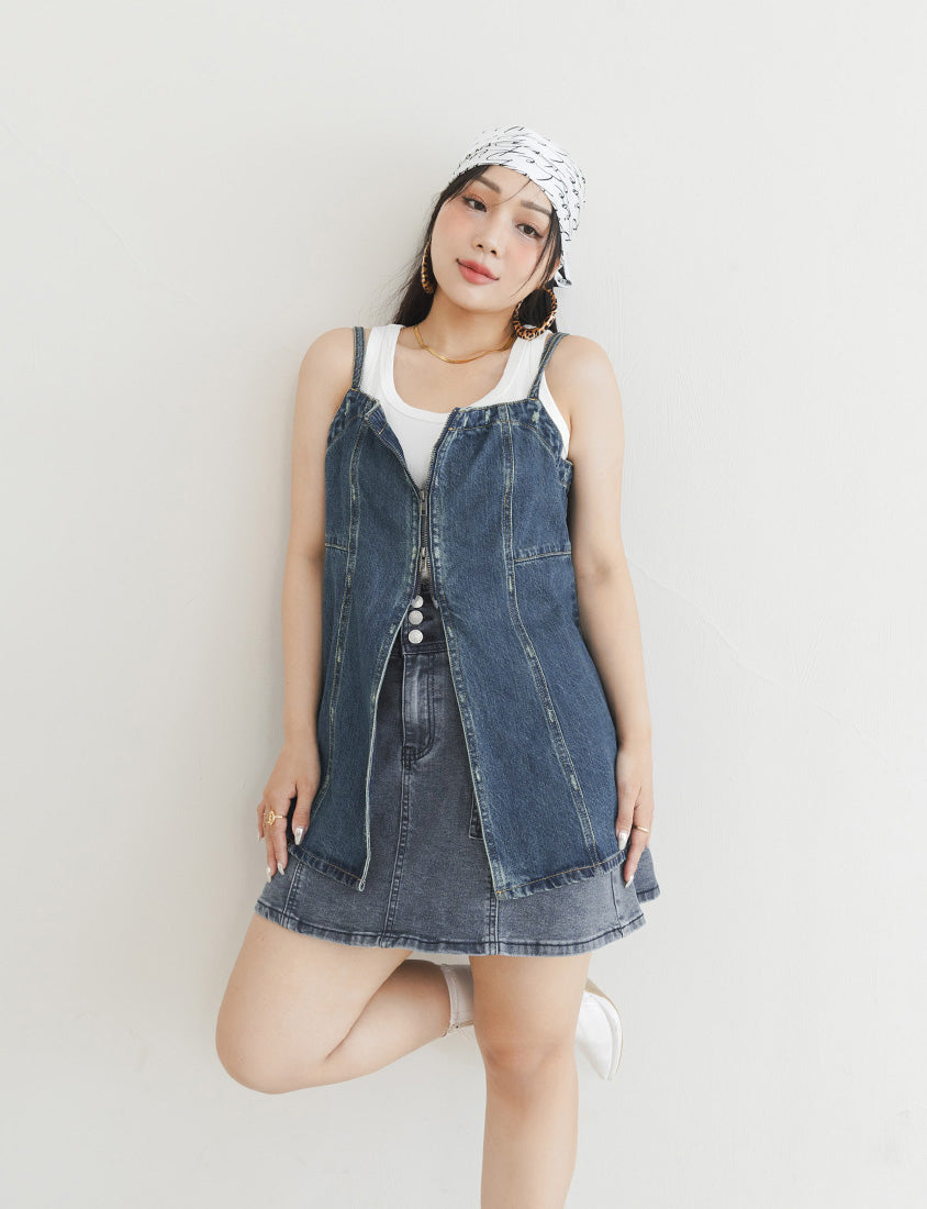 MUA! Ultra Stretch High Waist Washed Denim Plus Size Mini Skirt (With Pants)