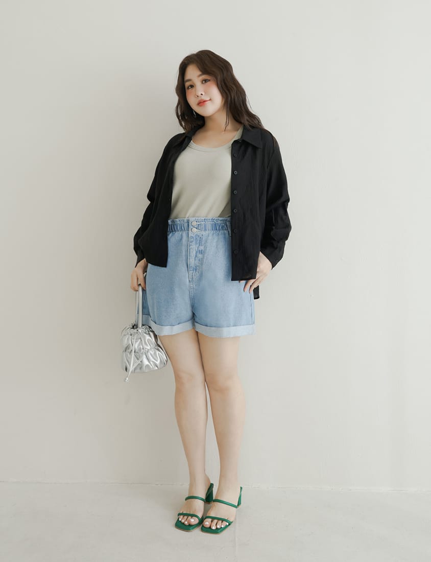 Crinkled Texture Sheer Tie-Back Plus Size Long Sleeve Shirt
