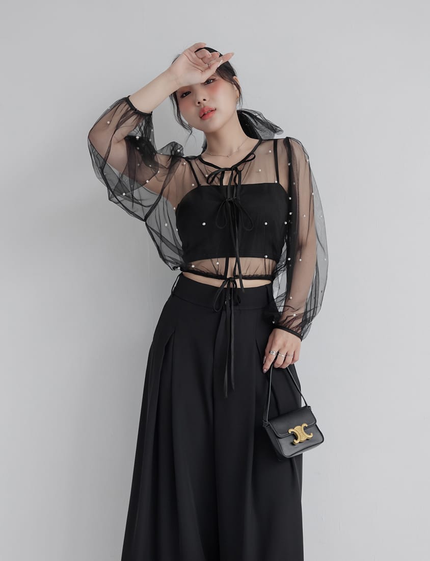 MISS. Romantic Sheer Pearl-Embellished Tie Plus Size Blouse