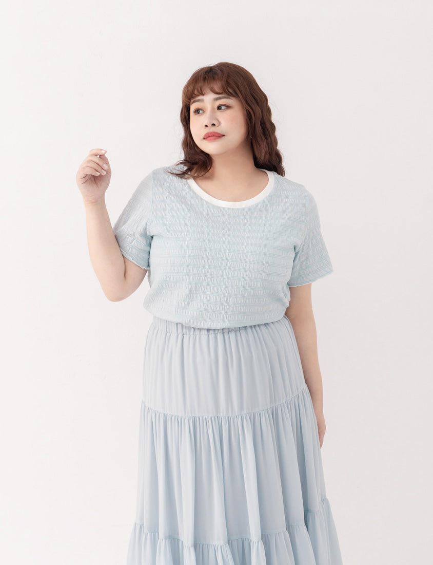 Multicolor Crew Neck Color-Block Crinkled Plus Size Short Sleeve Top