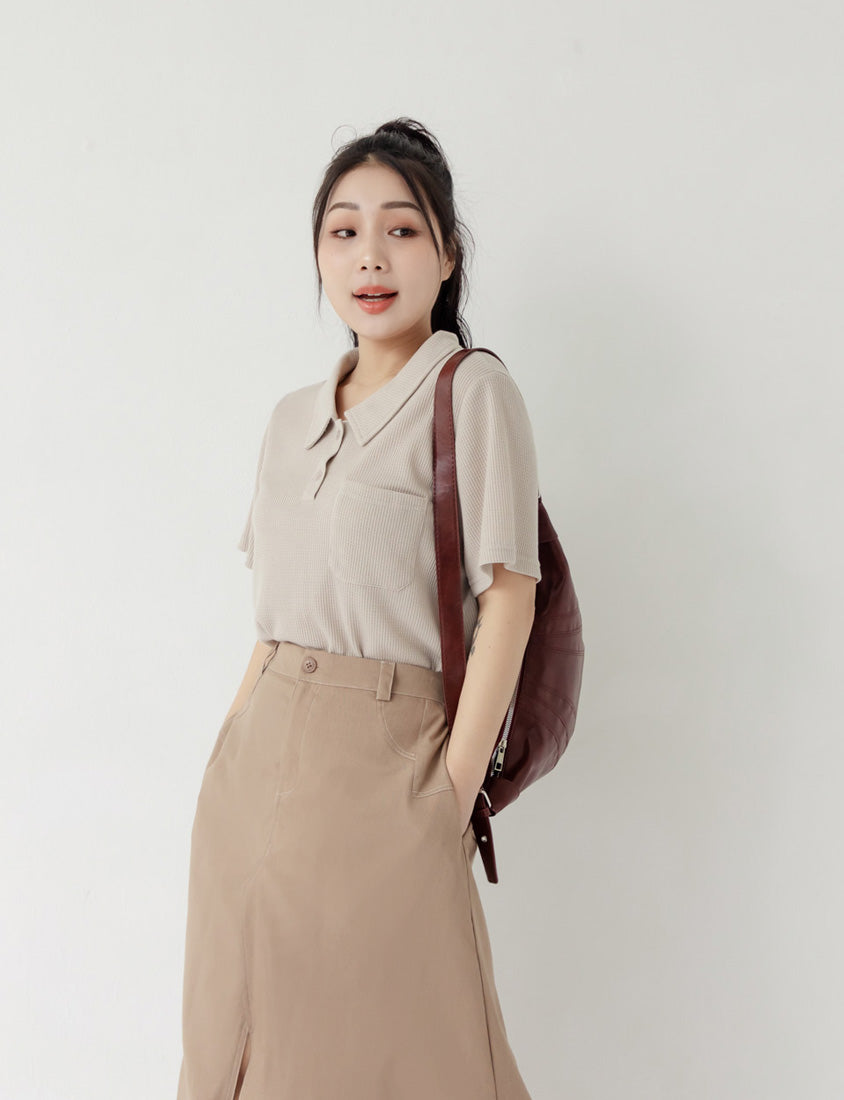 Skin-Friendly Waffle Knit Polo Plus Size Top