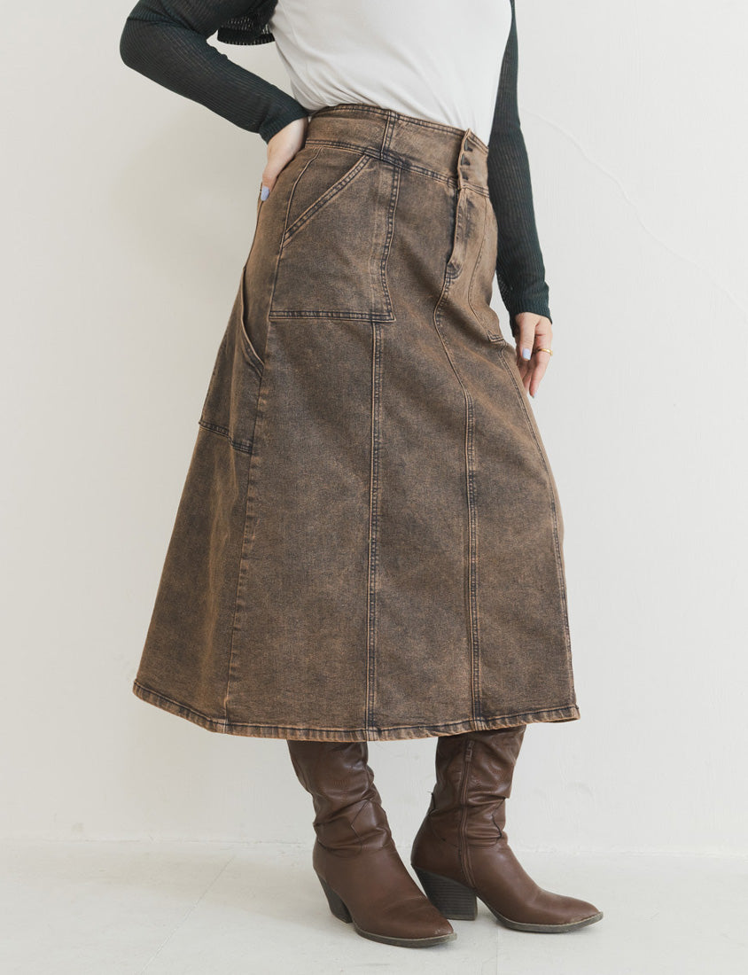 MUA! Ultra-Stretch Back Slit High-Waist Washed Denim Plus Size Maxi Skirt