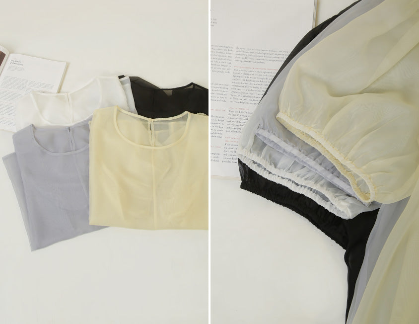 MISS. Sheer Textured Round Neck Puff-Sleeve Plus Size Blouse