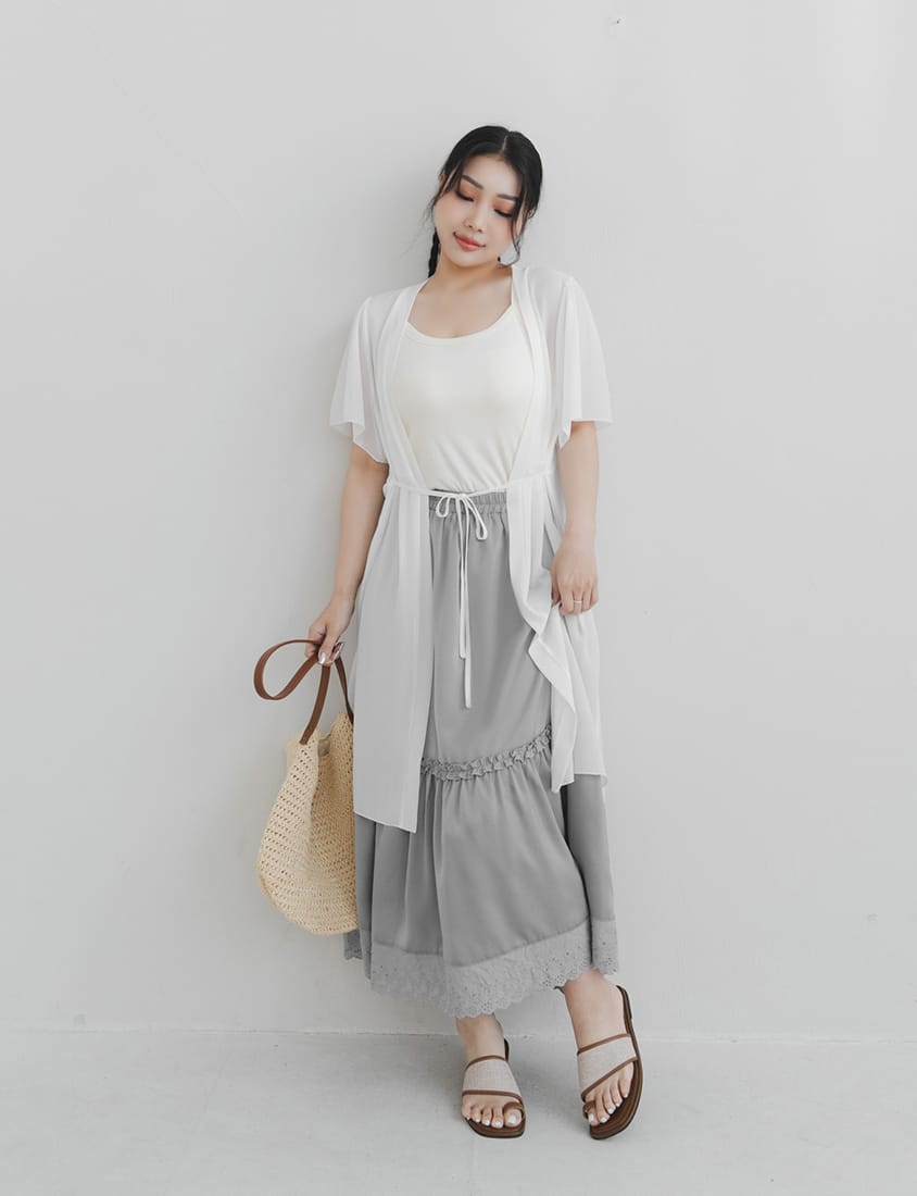 Korean Style Flowy Lace Trim Tiered Plus Size Maxi Skirt