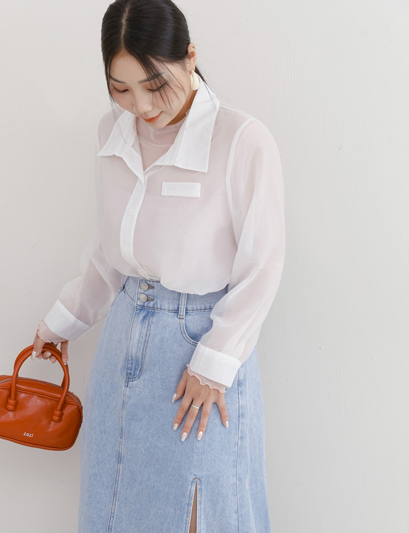 MISS. Faux Pockets Sheer Plus Size Cropped Shirt