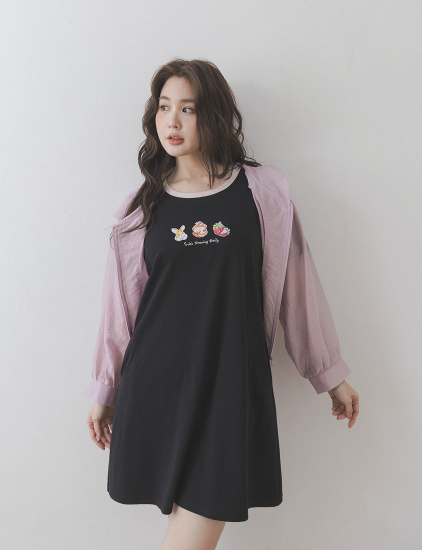 Contrast Crew Neck Hand-Drawn Print Plus Size Dress (Illustrator Collaboration)