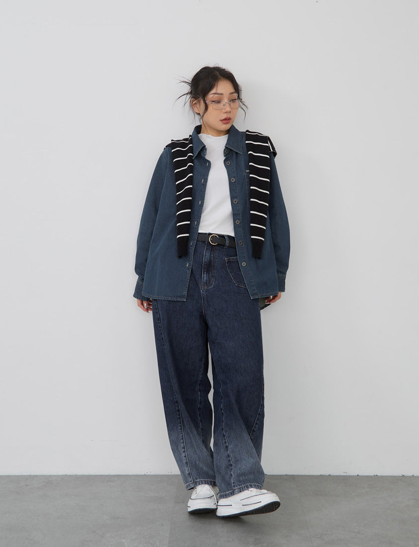 Washed Graphic Oversized Denim Plus Size Long Sleeve Shirt (Unisex)