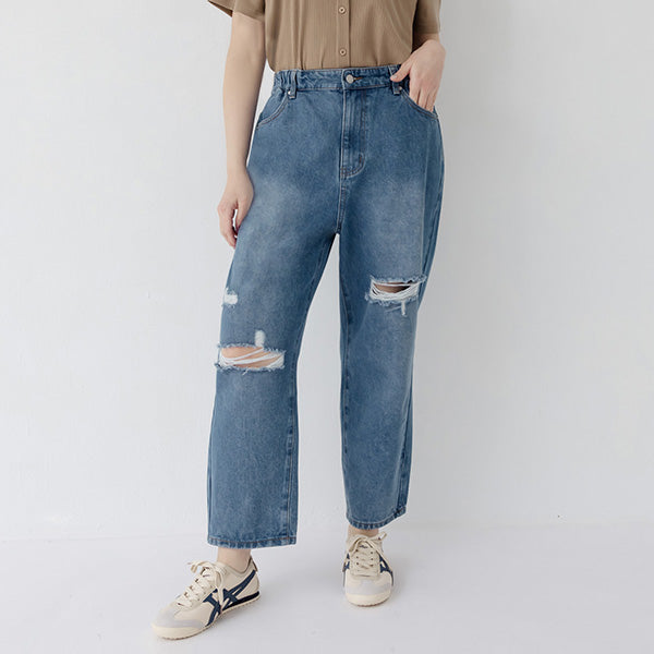 Distressed Side Elastic Waist Plus Size Boyfriend Jeans