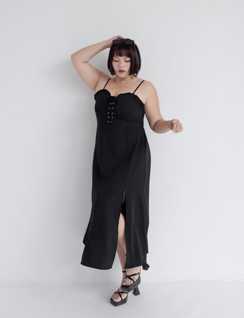 MUA! Ruffle Corset Front Slit Plus Size Maxi Dress