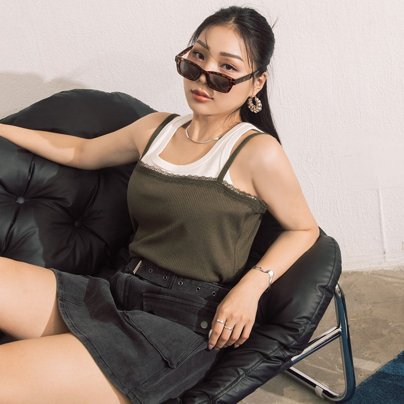 Adjustable Lace Trim Ribbed Plus Size Tank Top