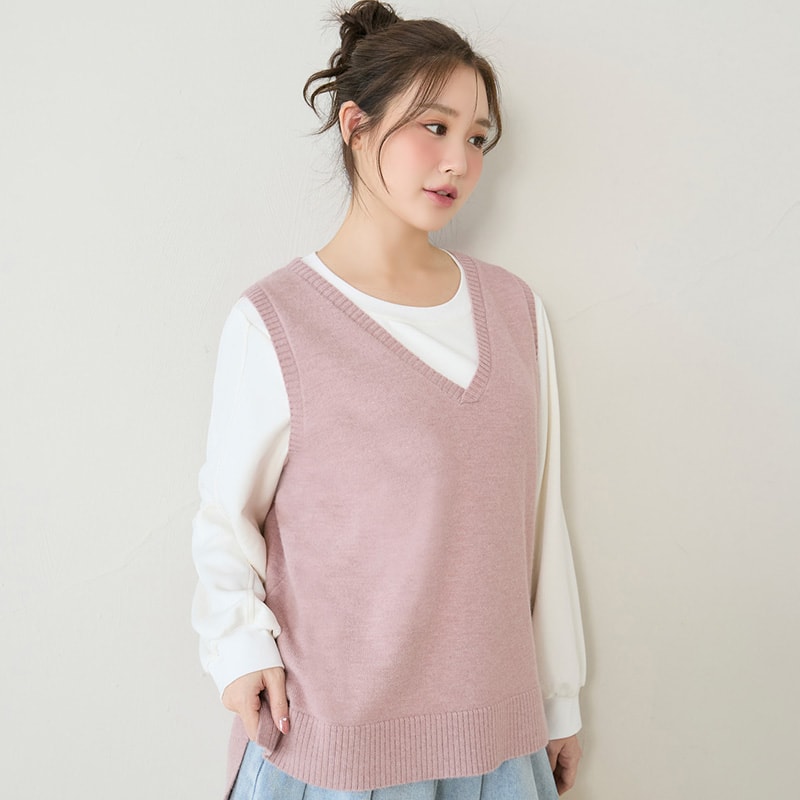 Versatile Multicolor V-Neck Mid-Length Plus Size Knit Vest