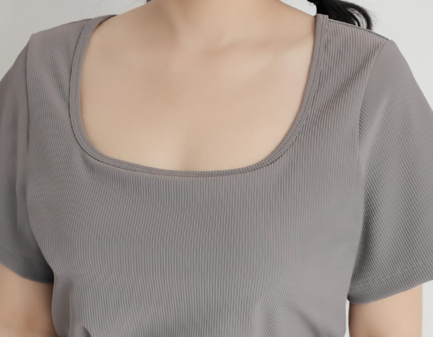 Pobra. Airy Ribbed Square Neck Short Sleeve Plus Size Bra Top
